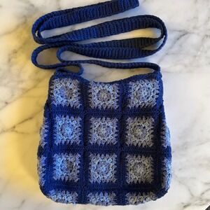 Express Vintage Granny Square Crochet Crossbody Bag Blue Boho Knit Purse 1999
